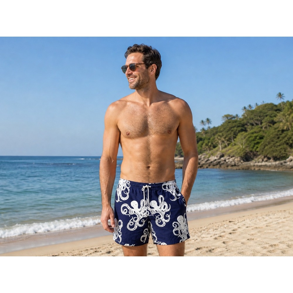 Lilly Pulitzer Mens Capri Trunk Swim Shorts Navy Blue Octopus Print Small